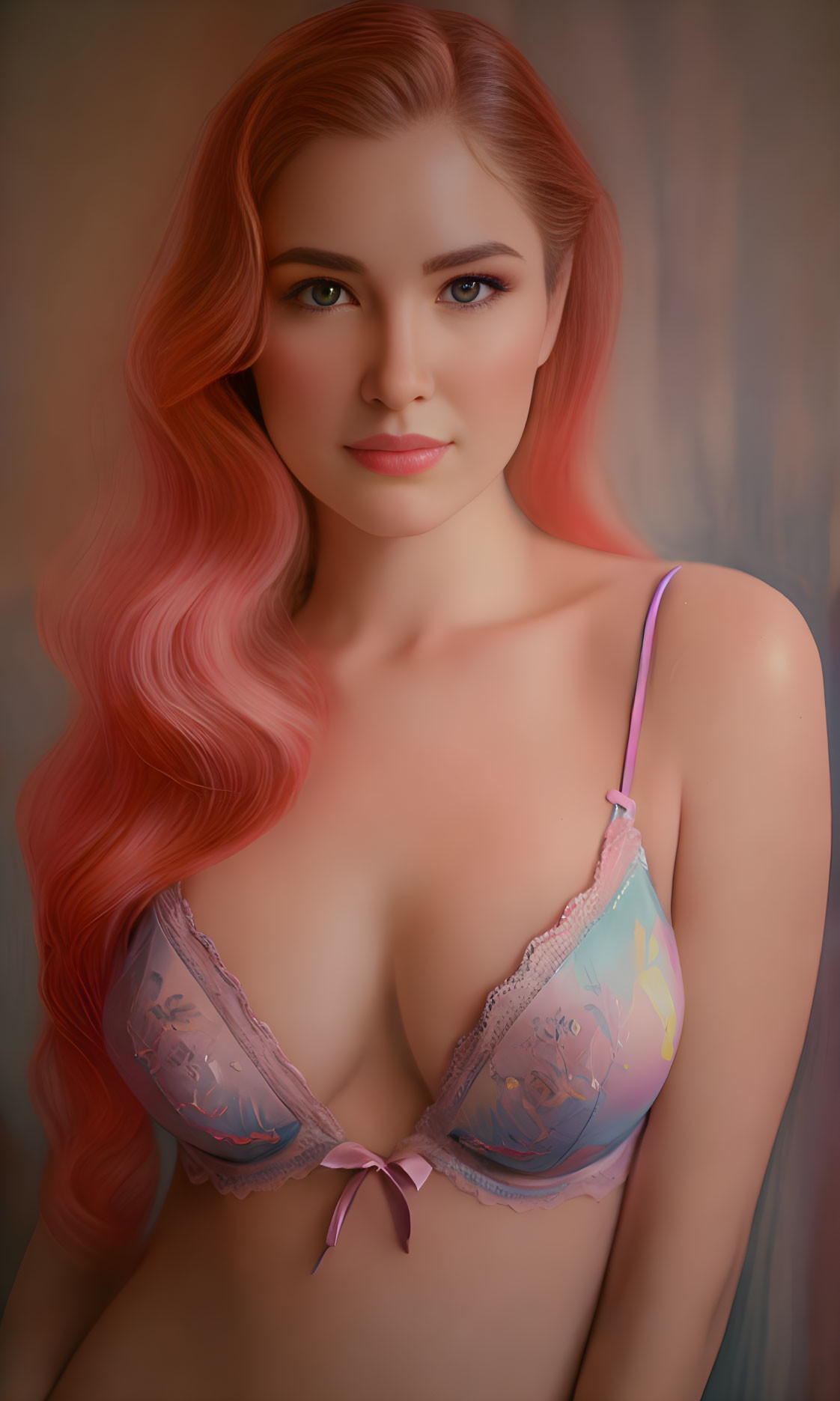 Woman with Long Wavy Red Hair in Pastel Lace Bra