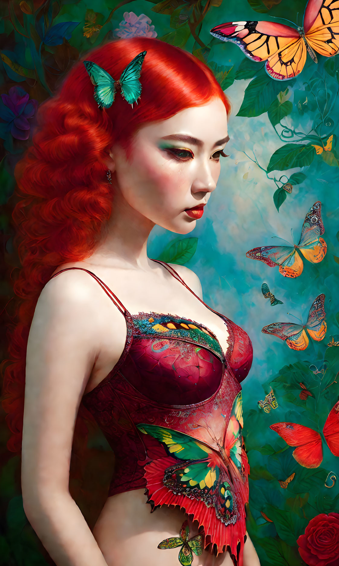 Vivid red-haired woman in butterfly motif corset surrounded by butterflies on green background