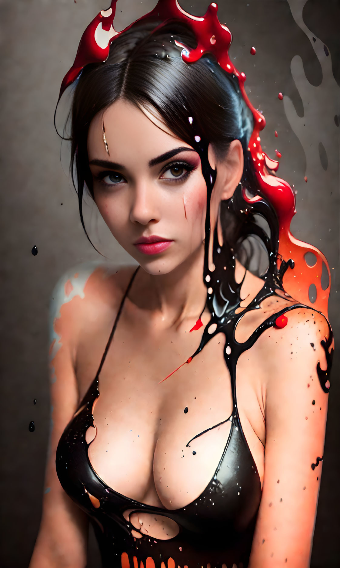 Dark-haired woman with red and black swirling elements portraying elegance and chaos