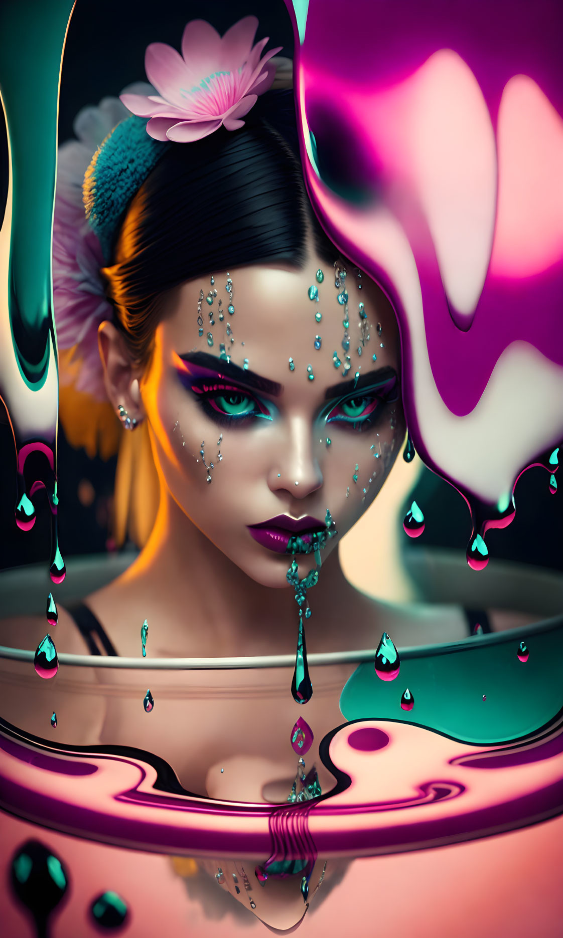 Vibrant surreal portrait of woman with teal makeup and liquid beads