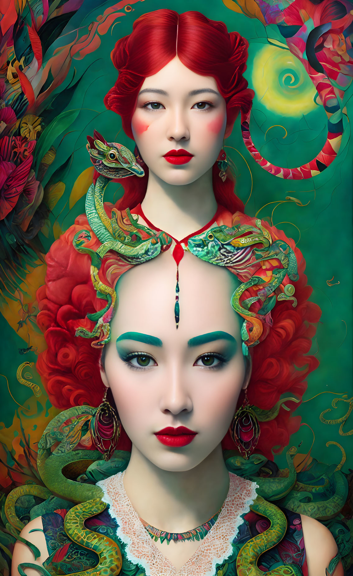 Artwork of two women with red hair and exotic reptiles in lush green setting