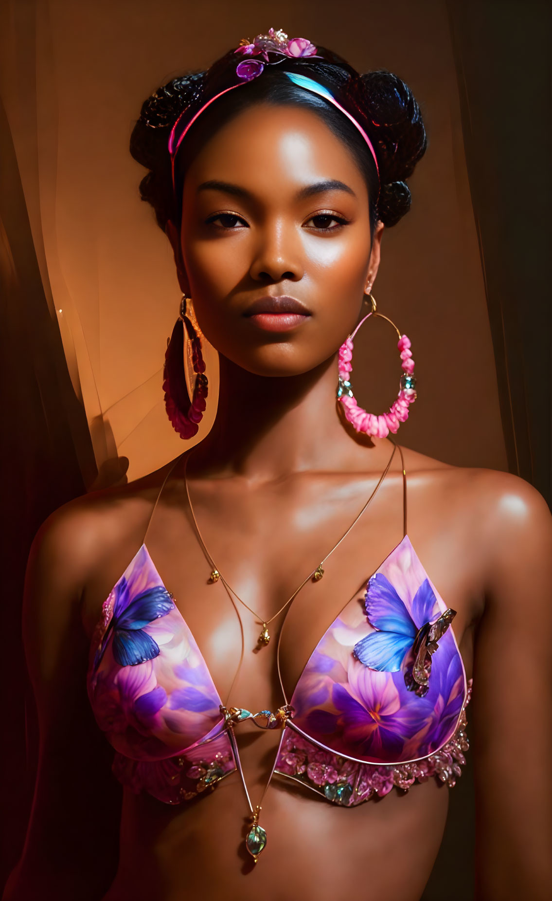 Woman in floral bikini top and headdress with elegant makeup and pink jewelry on warm-toned backdrop