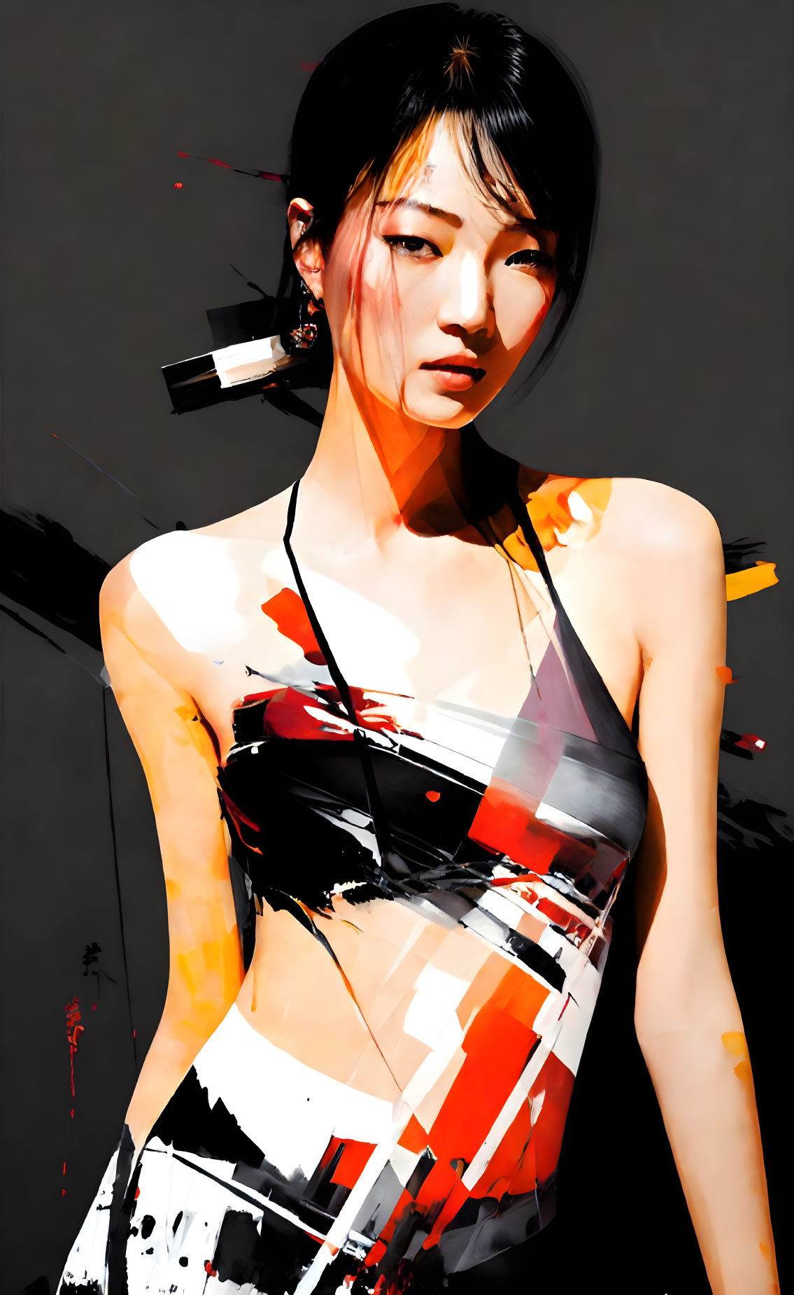 Abstract East Asian Woman Artwork with Bold Red, Black, and White Strokes