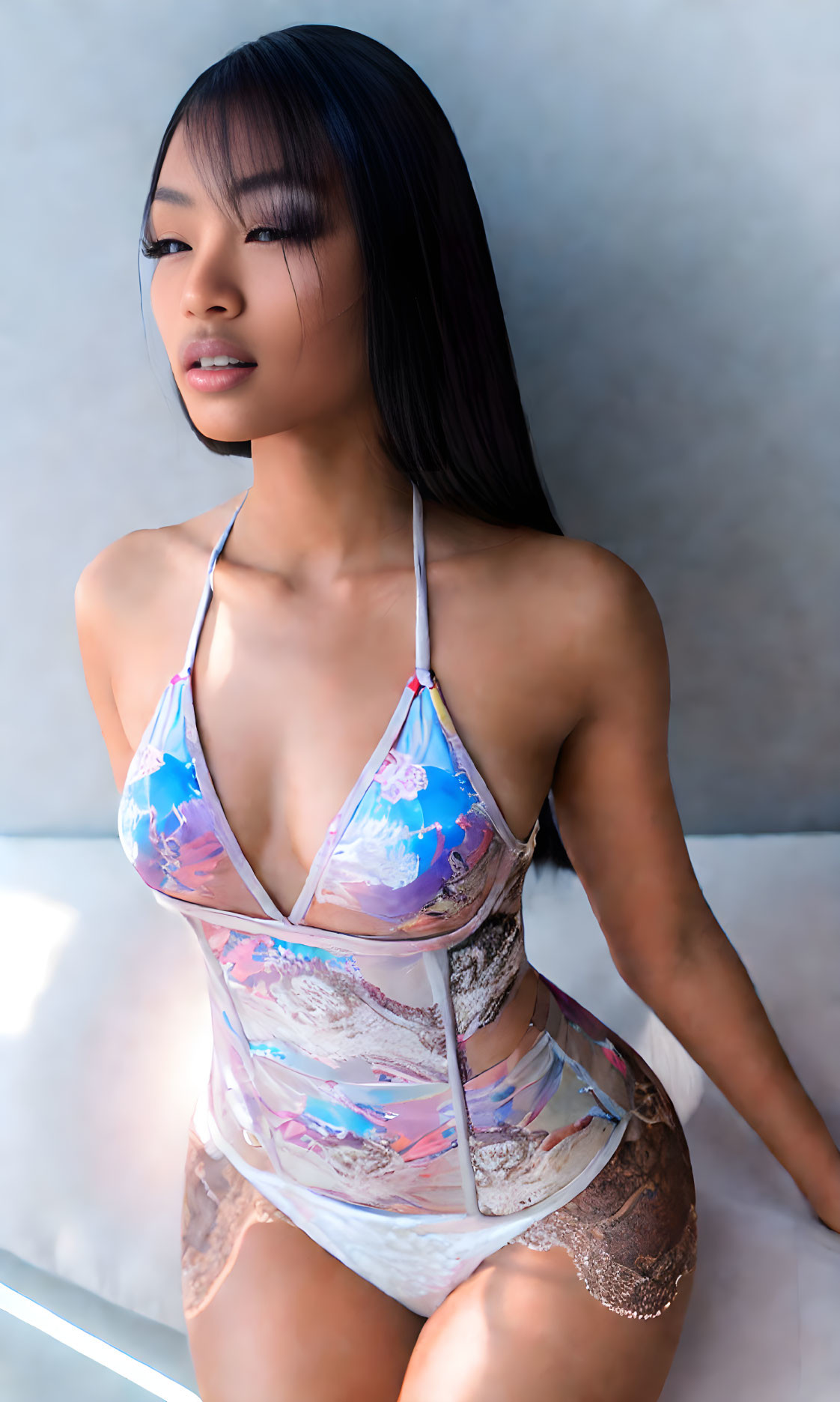 Multicolored bikini with sheer overlay on confident woman