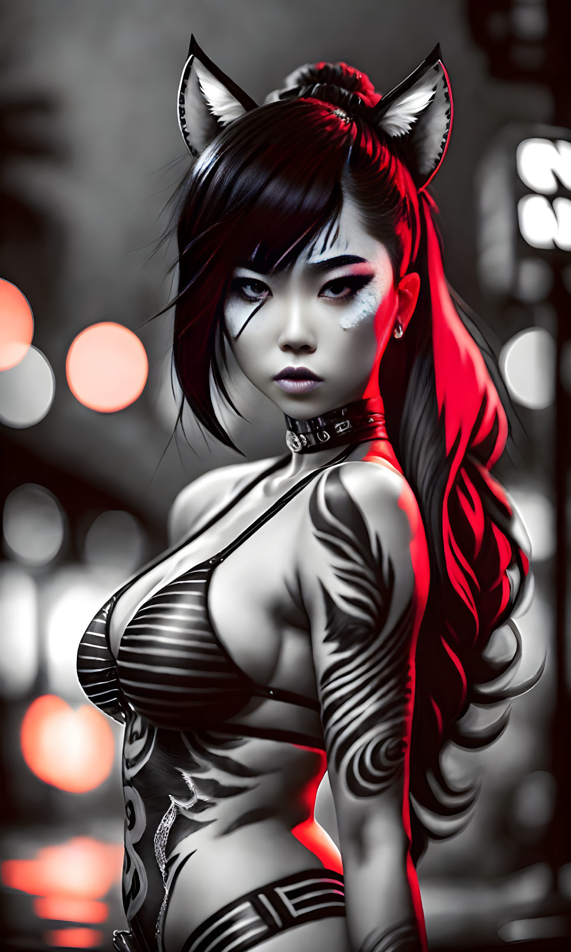 Digital artwork of female character with cat ears, red and black hair, body art, choker,