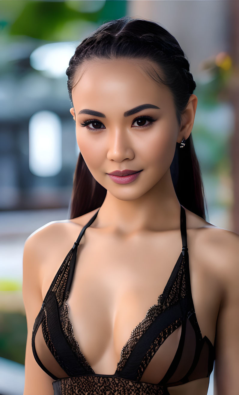 Portrait of a person with subtle smile and winged eyeliner in black lace garment.