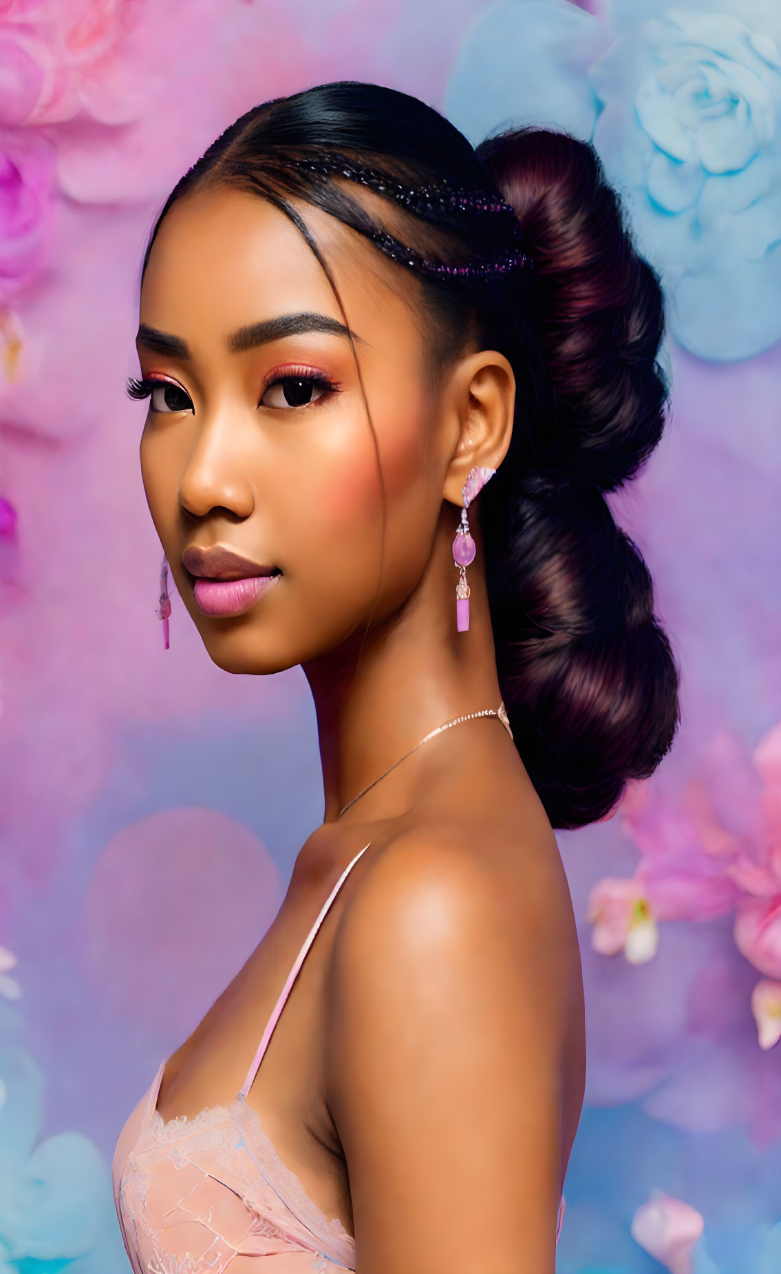 Woman with elegant updo and makeup in front of soft blue and pink flower backdrop