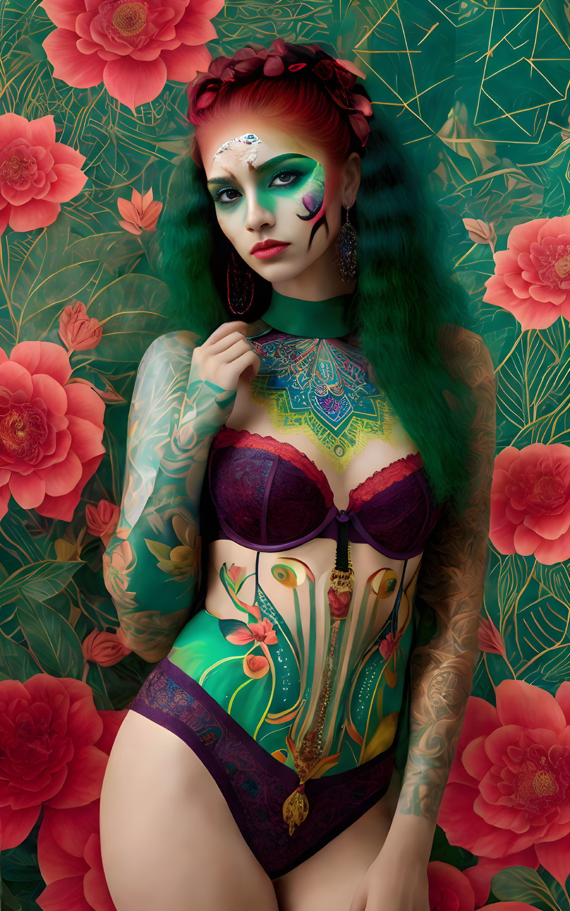 Illustration of woman with green hair, tattoos, and exotic makeup on floral background