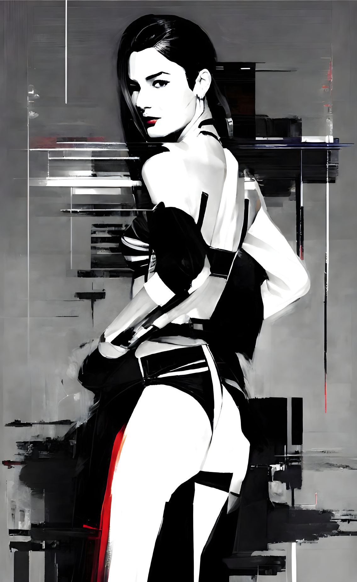 Monochrome digital painting of woman with red accents