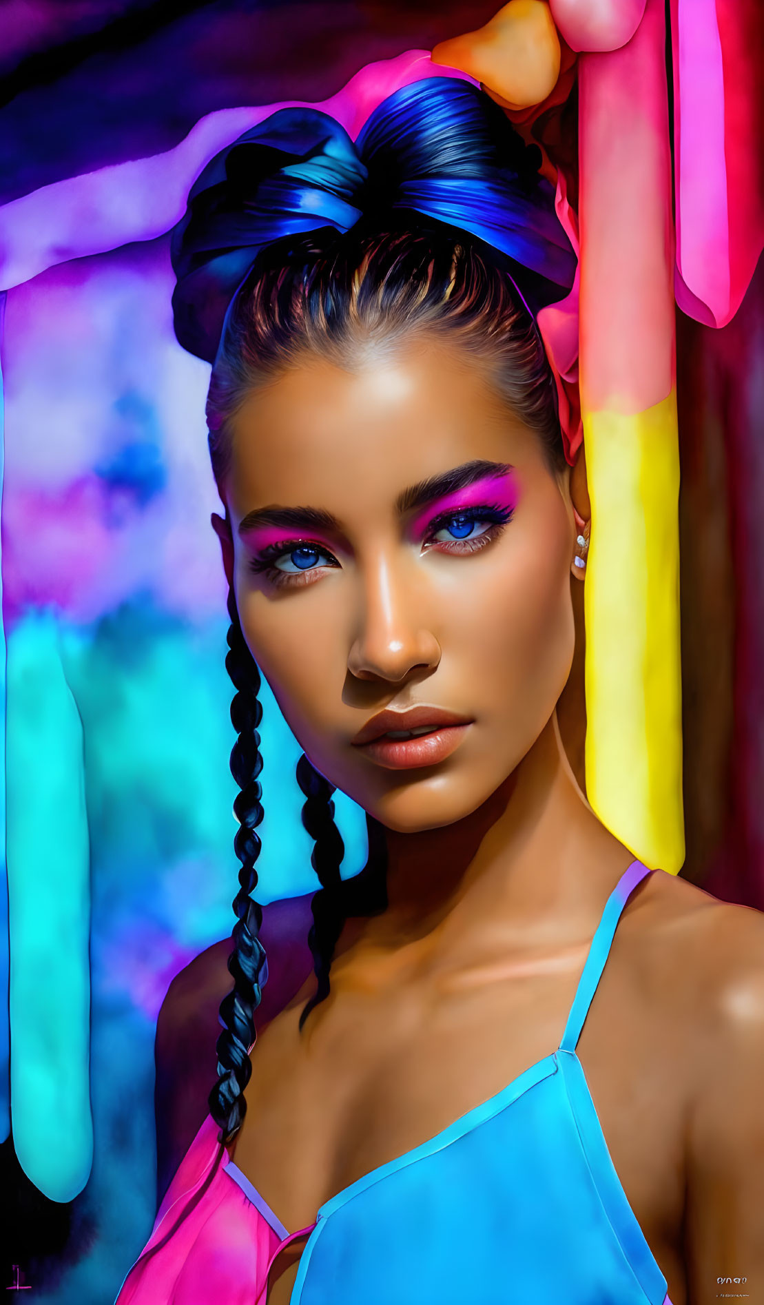 Colorful makeup woman with blue bow in neon lights pose