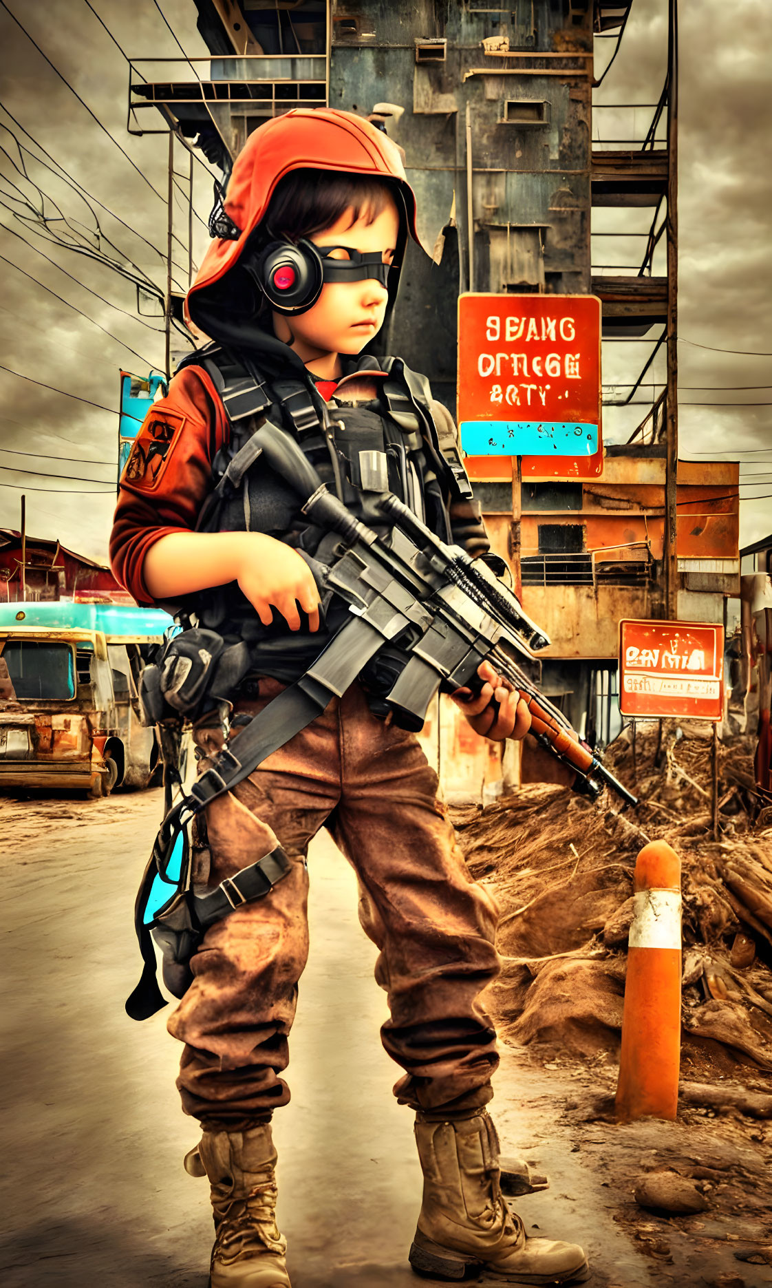 Person in tactical gear with headset and rifle in urban setting under overcast sky