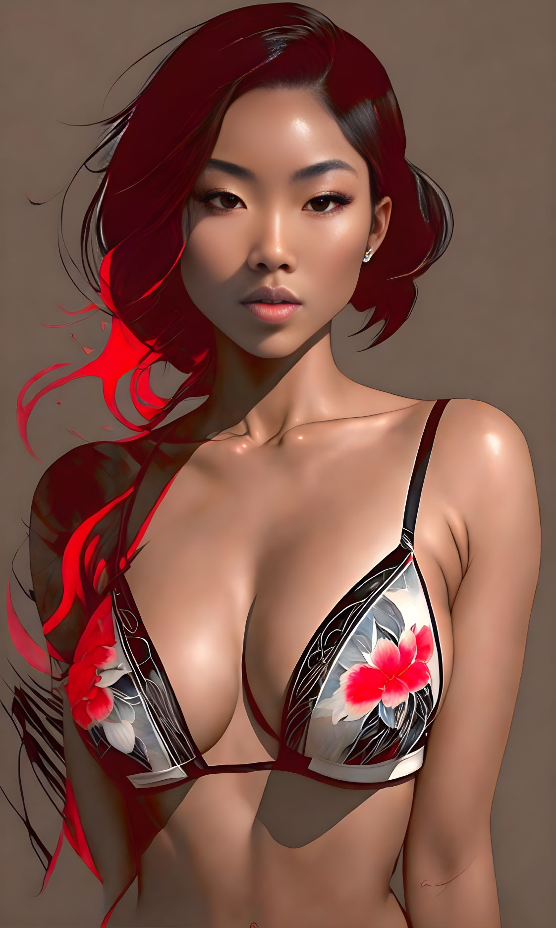 Asian woman digital artwork: red flowing hair, floral bra, beige background