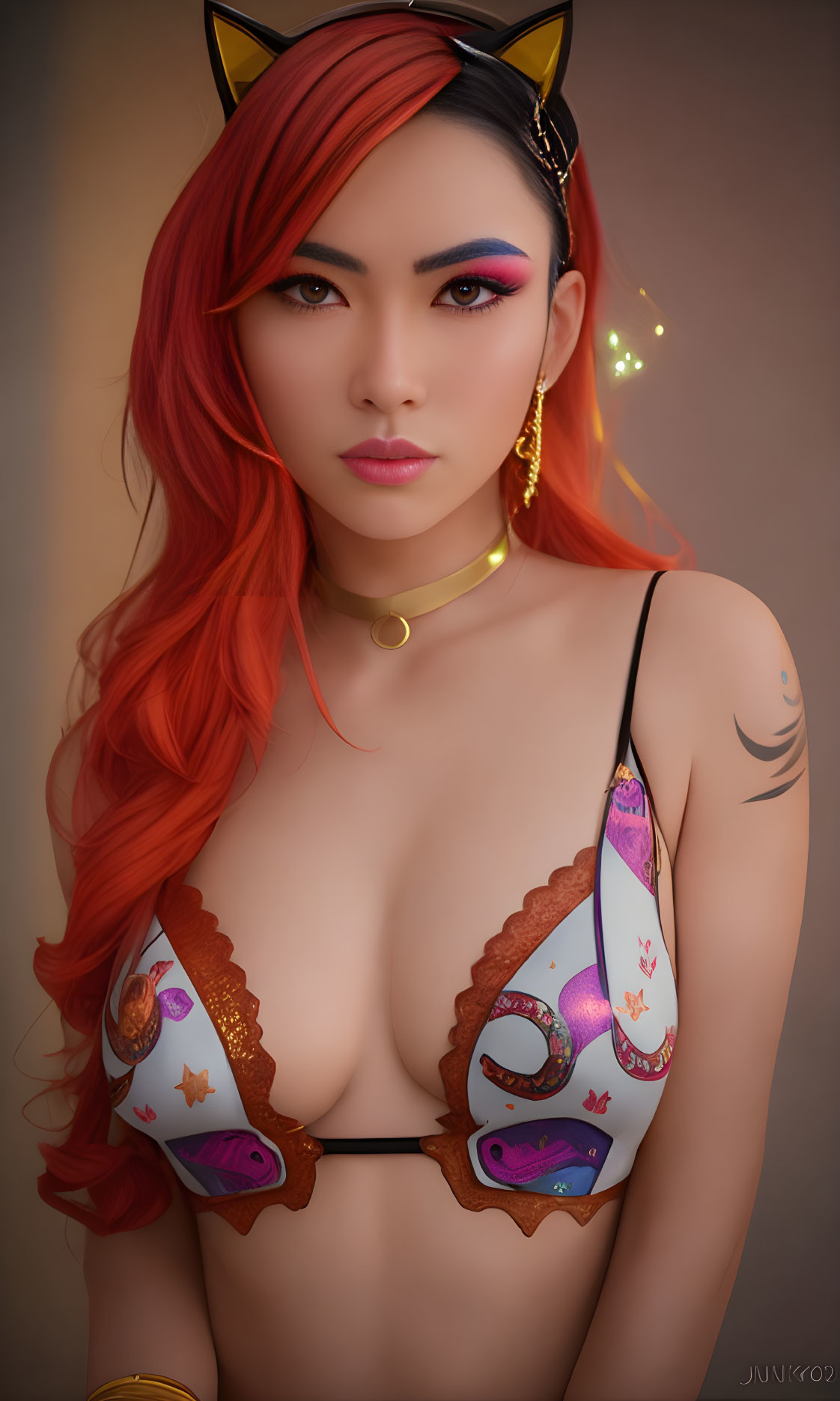 Digital artwork: Person with red hair, cat ears, vibrant makeup, tattoo, in aquatic-themed bikini