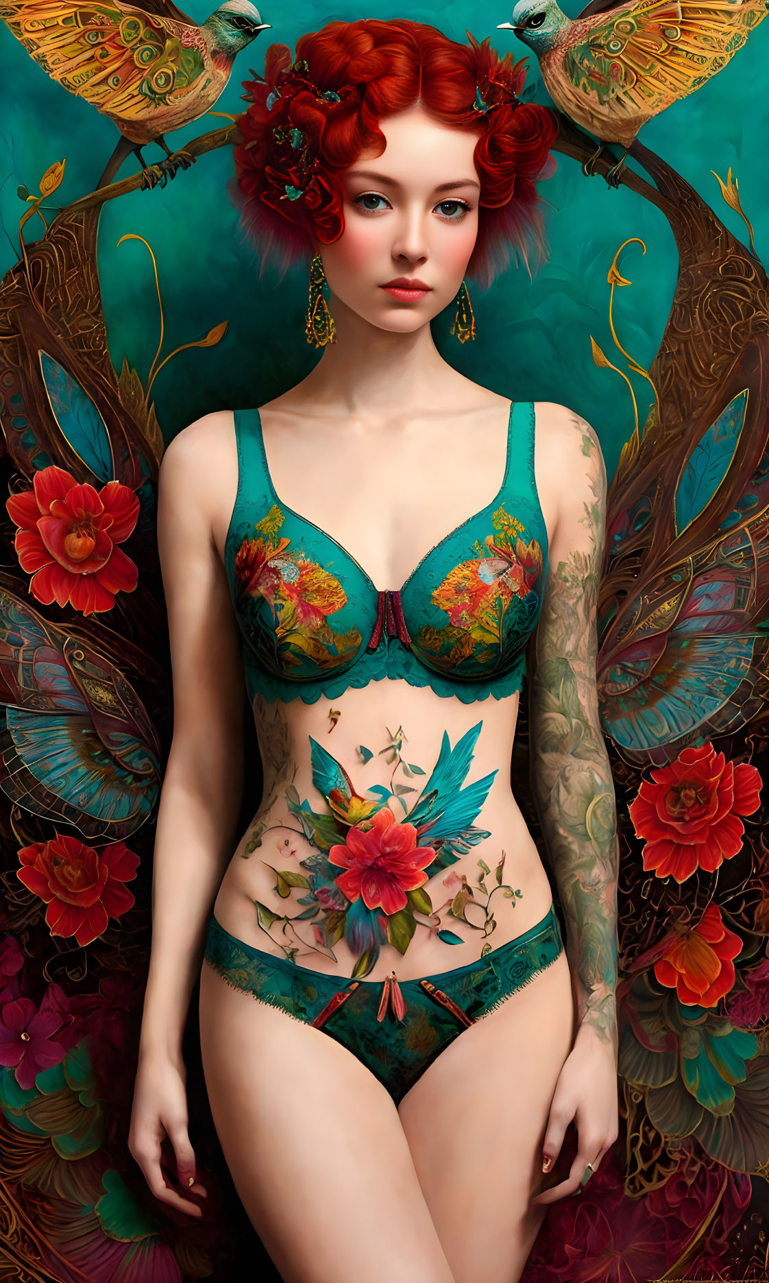 Digital Artwork: Woman with Red Hair, Floral Lingerie, Bird-like Wings