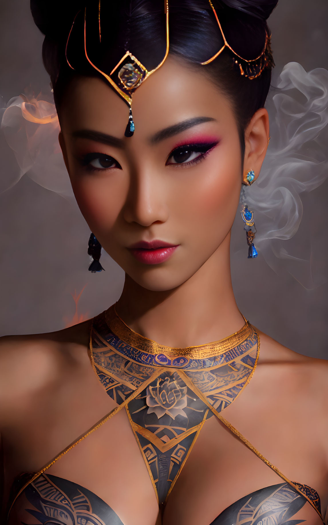 Striking makeup and elaborate jewelry on a woman with elegant tattoos