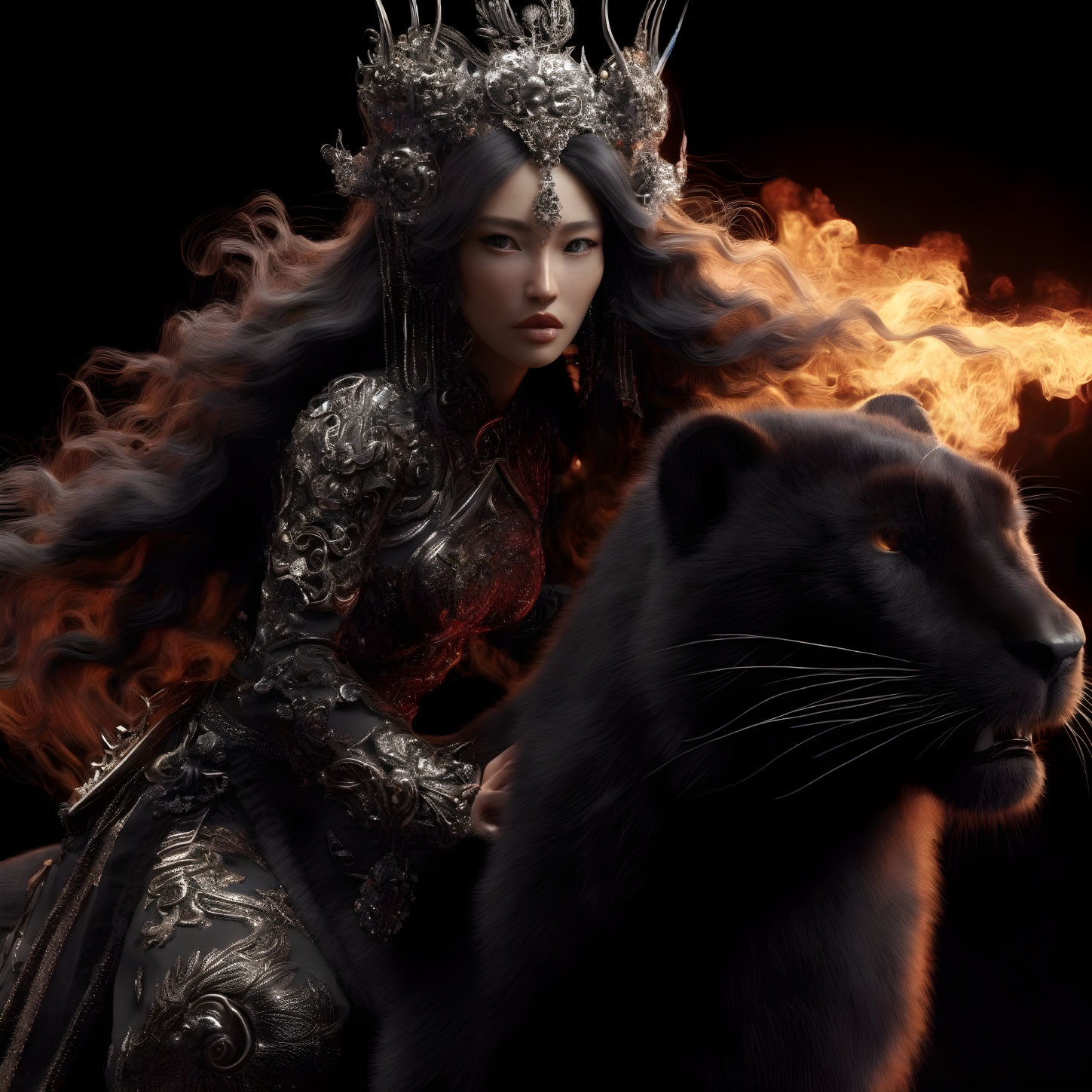 Regal woman in silver headgear with black panther in fiery setting