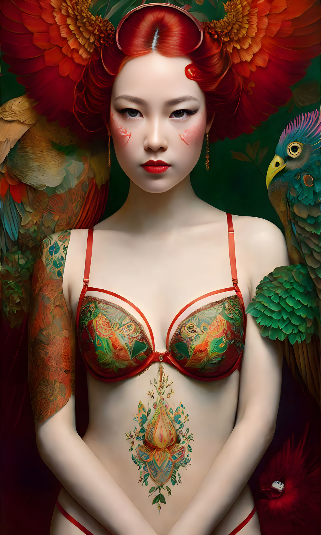 Red-haired woman with traditional headdress, colorful birds, and intricate tattoos.