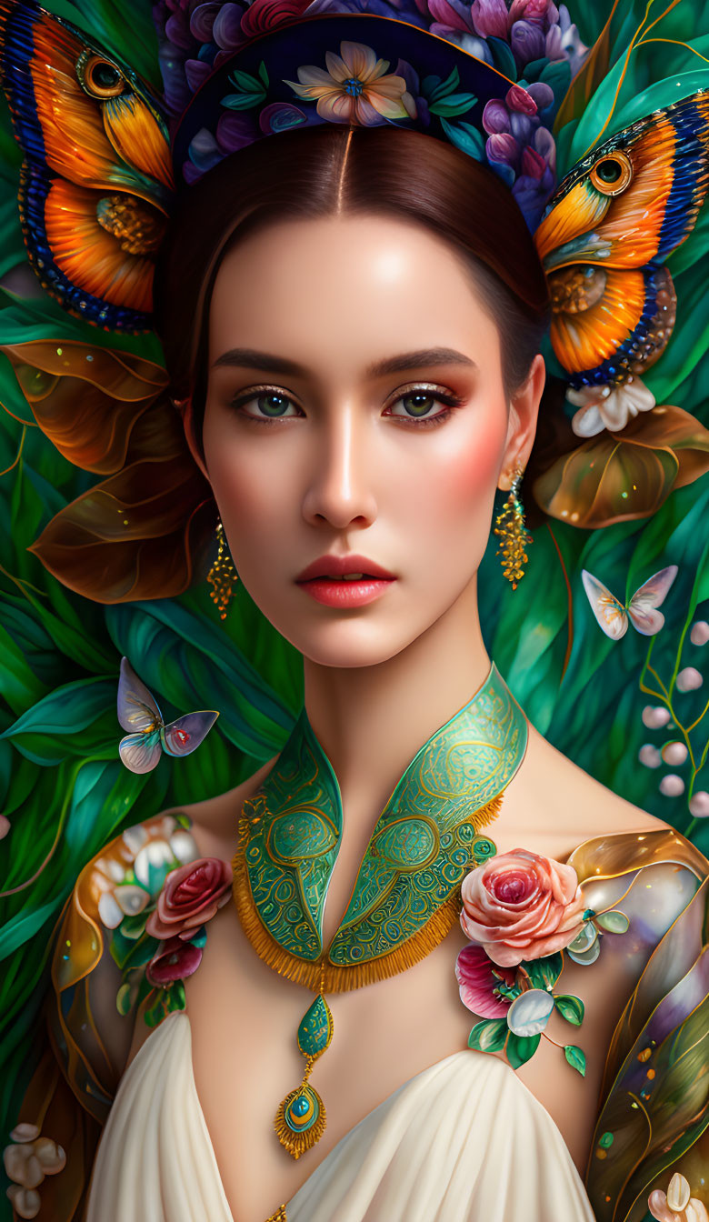 Ethereal woman with floral and peacock motifs in lush greenery