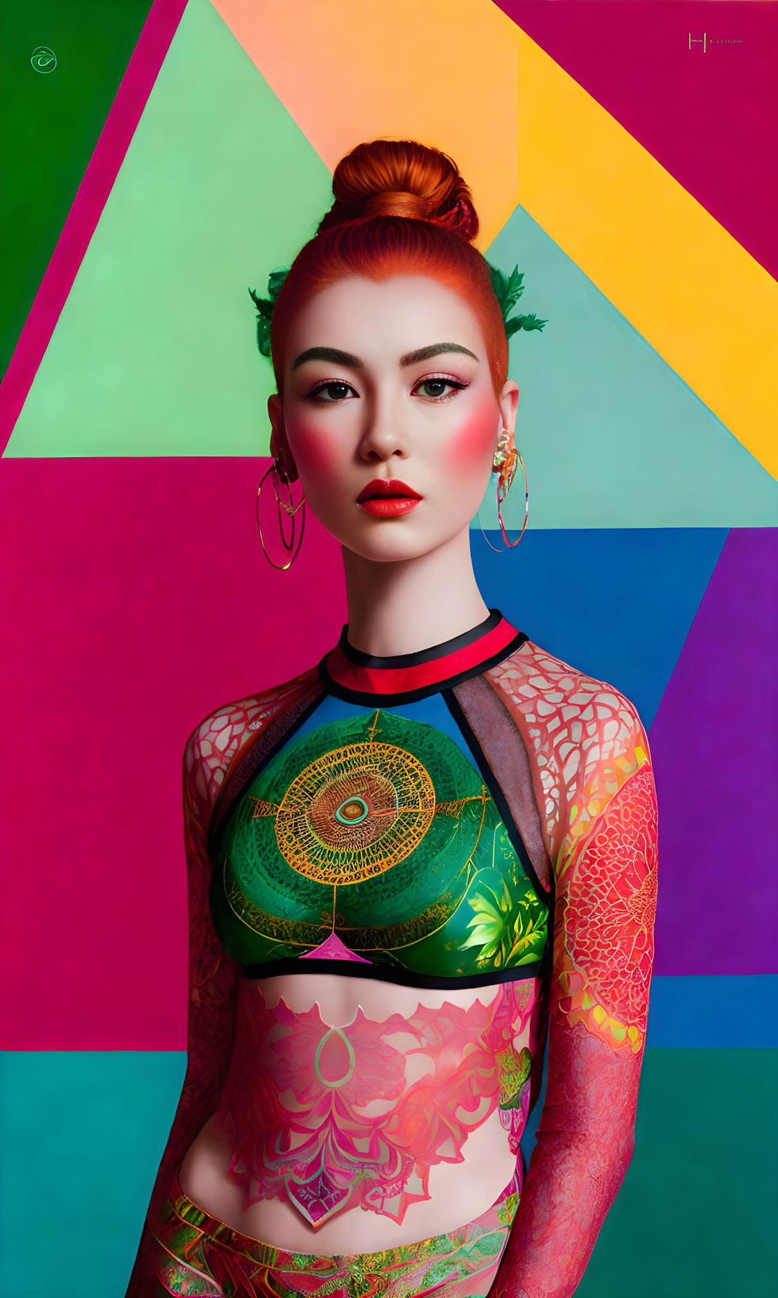 Elaborate Body Paint on Woman with Colorful Geometric Background