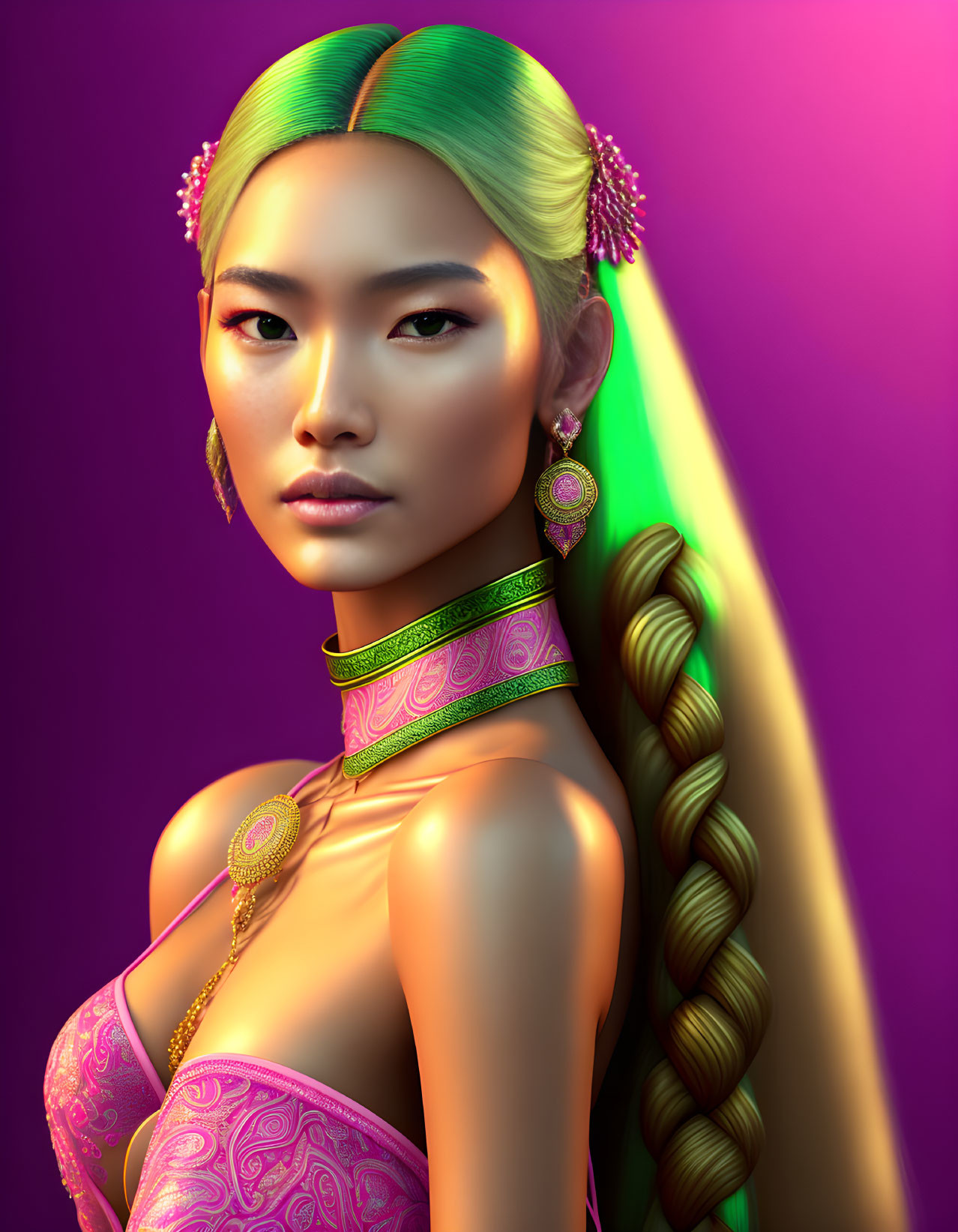 3D Rendered Image of Woman with Green Hair and Pink Outfit