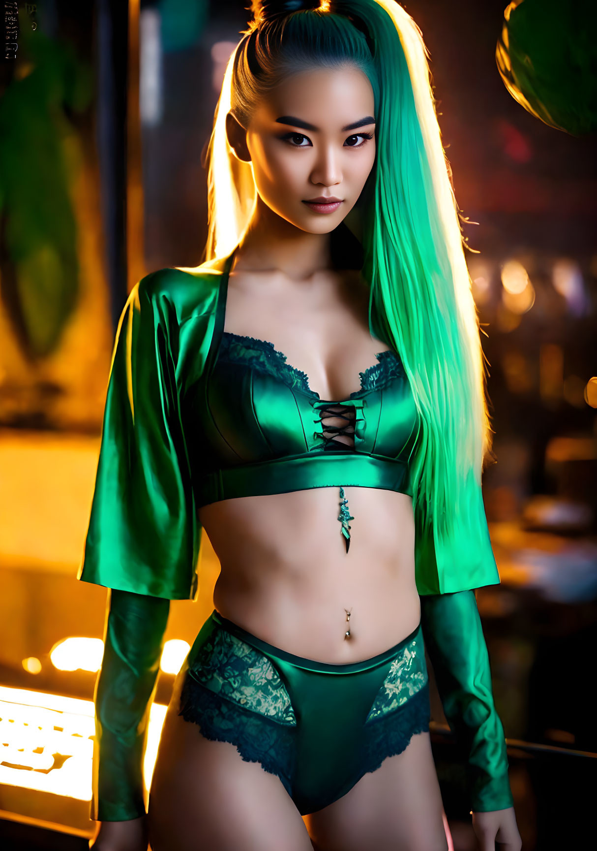 Woman with Long Green Hair in Green Lingerie under Warm Light