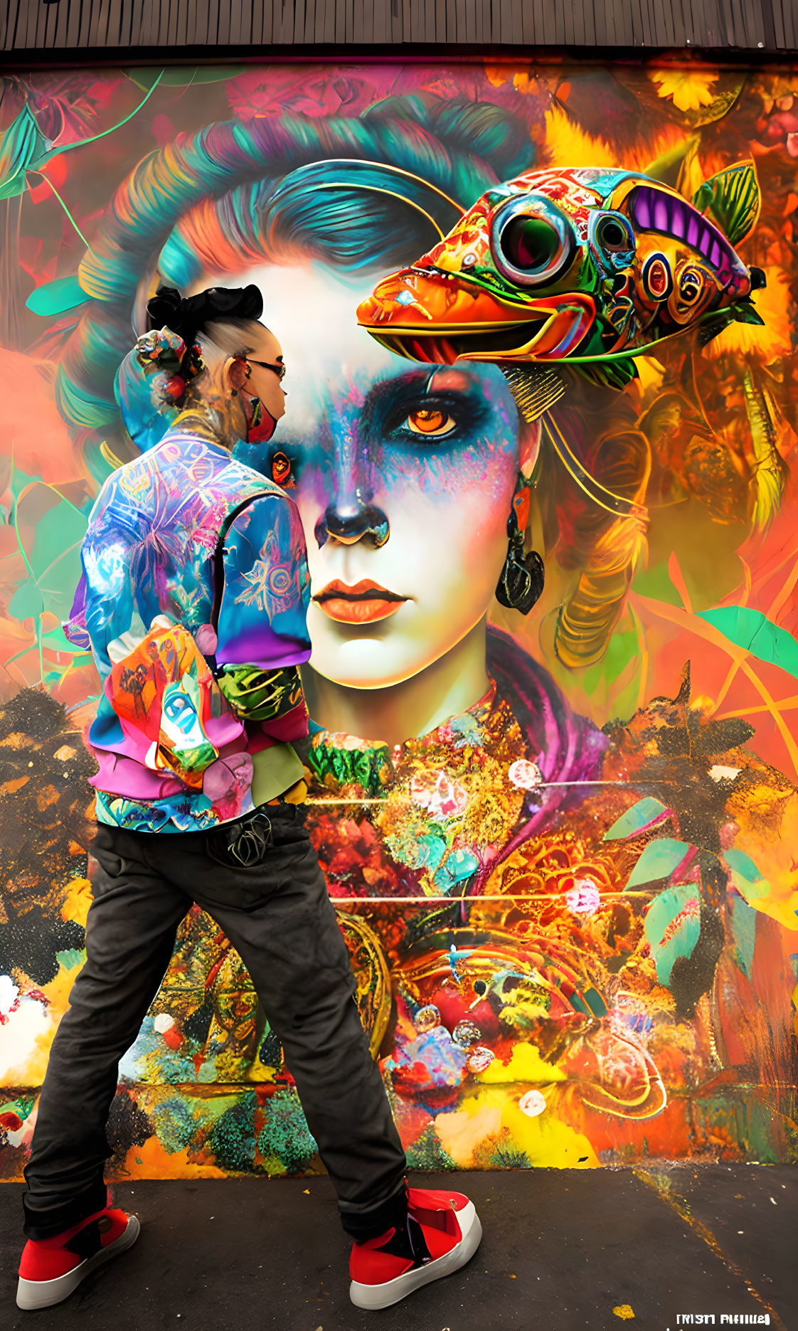 Patterned Jacket Person Poses by Colorful Female Face Mural