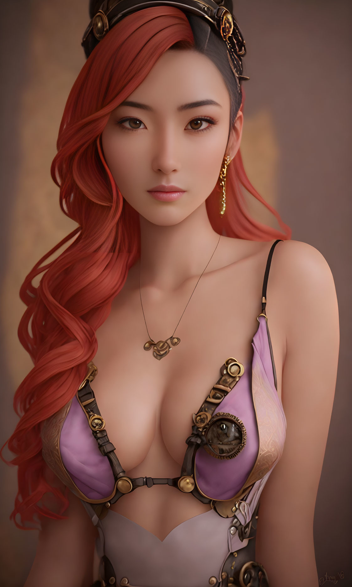 Female character portrait in fantasy attire with red hair and mechanical embellishment