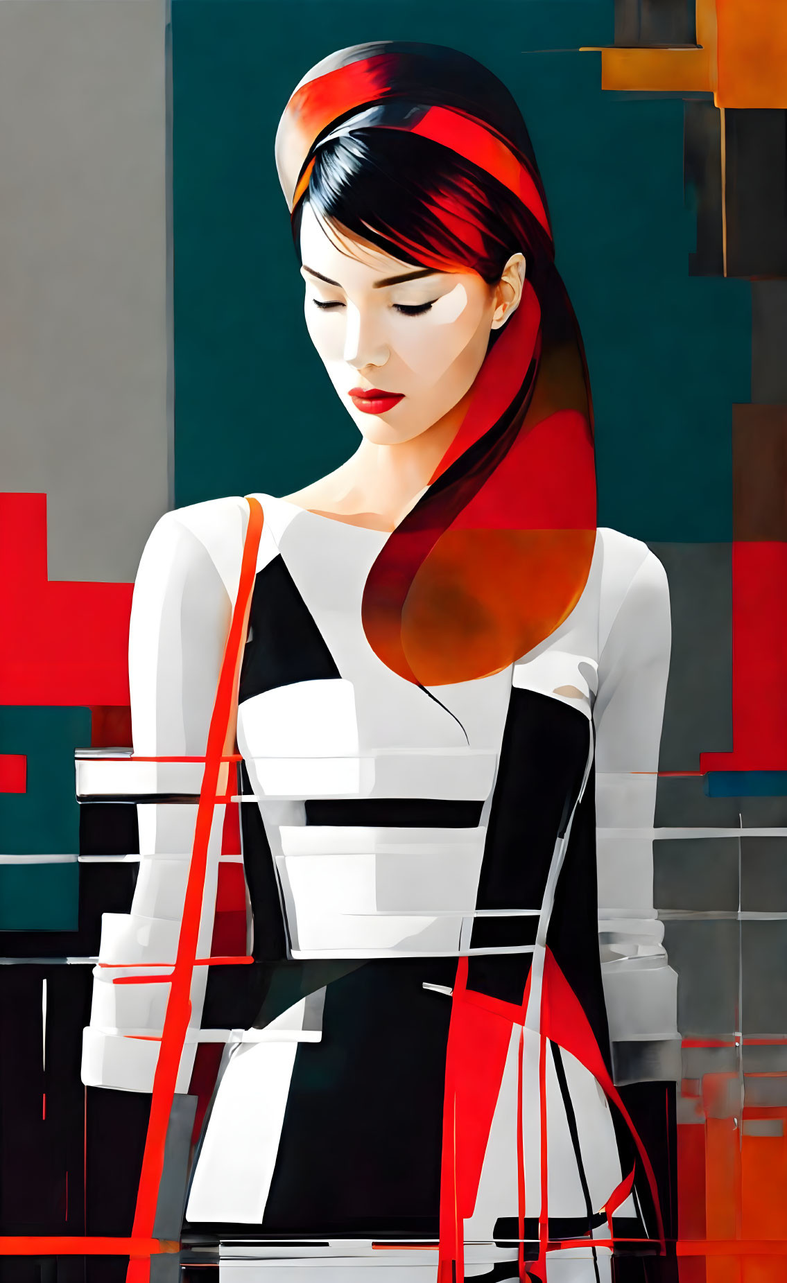 Stylized digital artwork of woman in red headscarf and black-and-white dress against colorful background