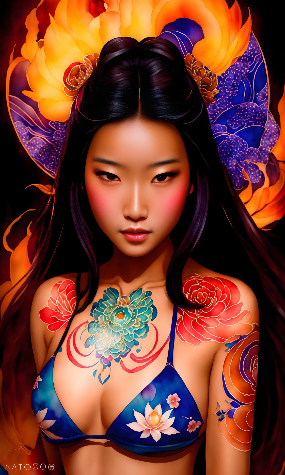 Asian woman with floral tattoos and bikini top in digital illustration