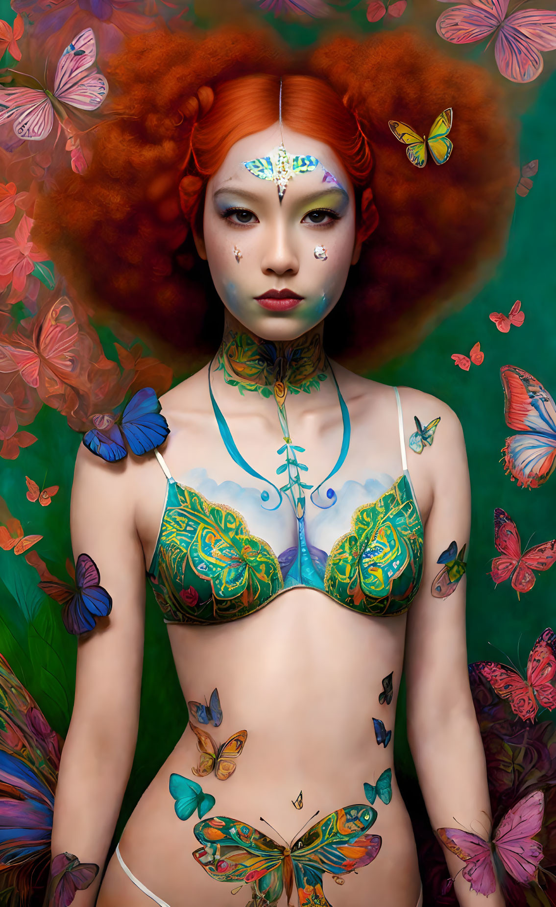 Vibrant red hair woman with fantasy makeup and butterfly-themed attire among colorful butterflies