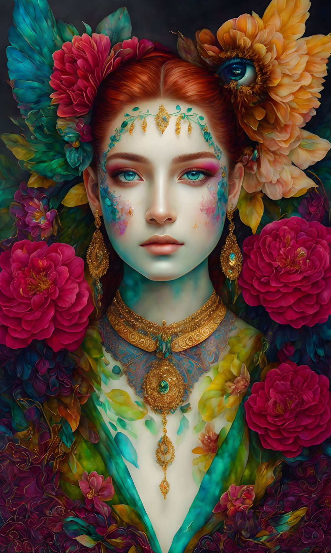 Colorful portrait of a woman with flowers, makeup, and jewelry, with eyes in floral backdrop