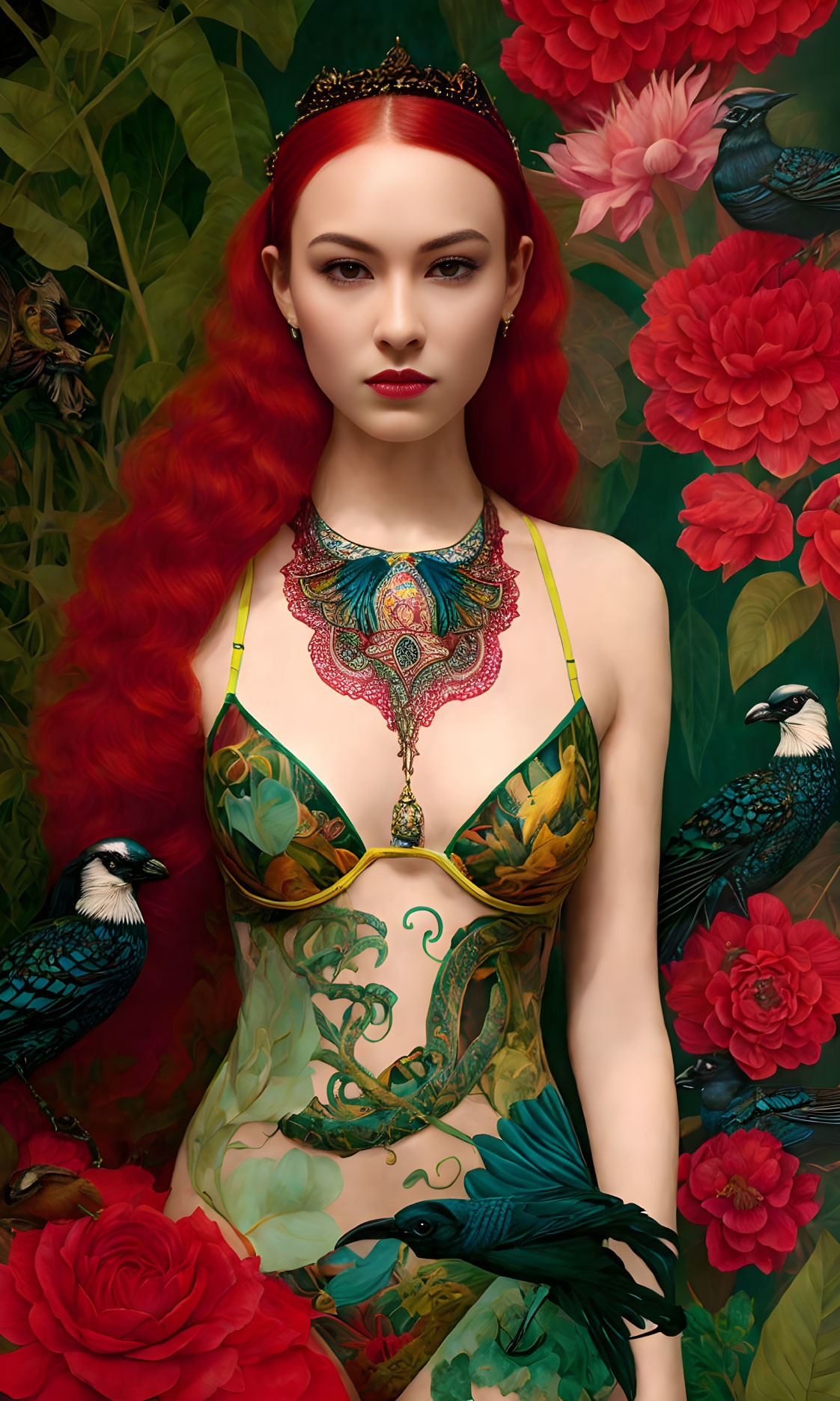 Red-haired woman in green jeweled outfit surrounded by red flowers and peacocks