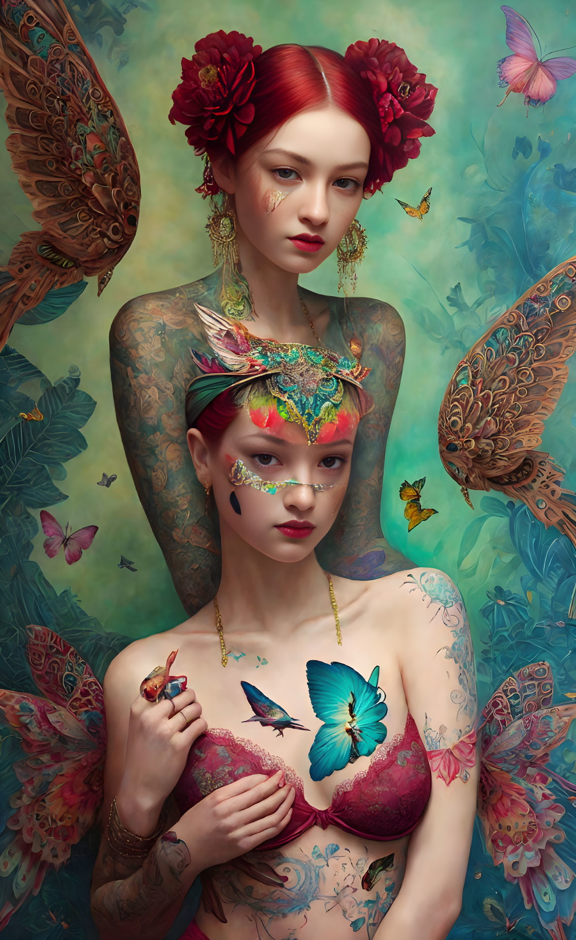 Stylized image of two women with butterfly and floral motifs