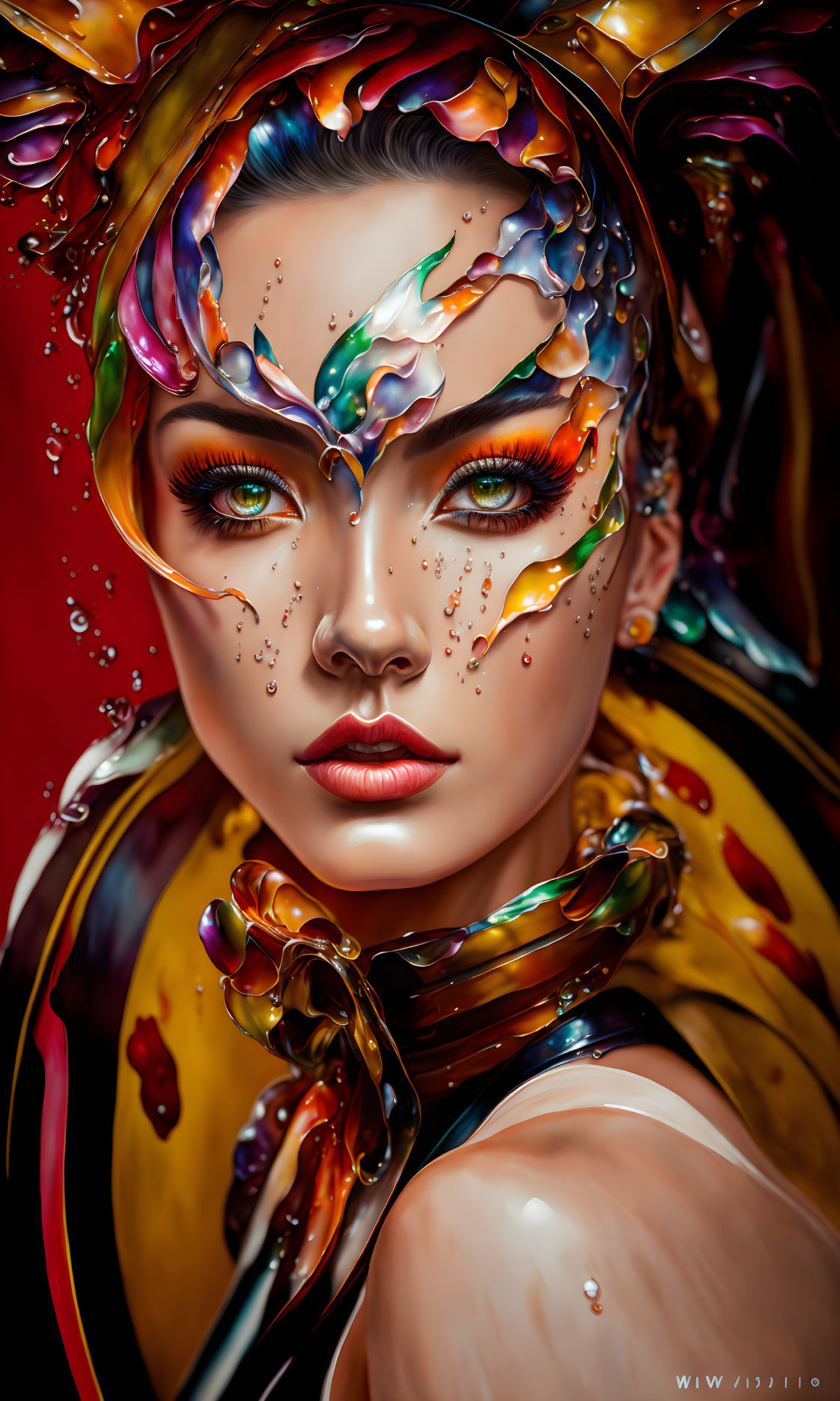 Vibrant digital portrait of a woman with green eyes and colorful splashes