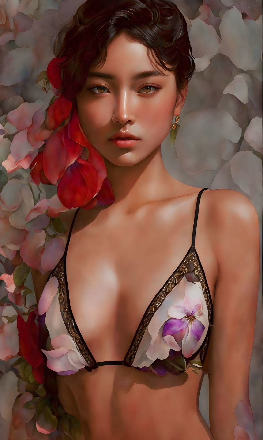 Woman in floral bikini top gazes contemplatively against flower backdrop