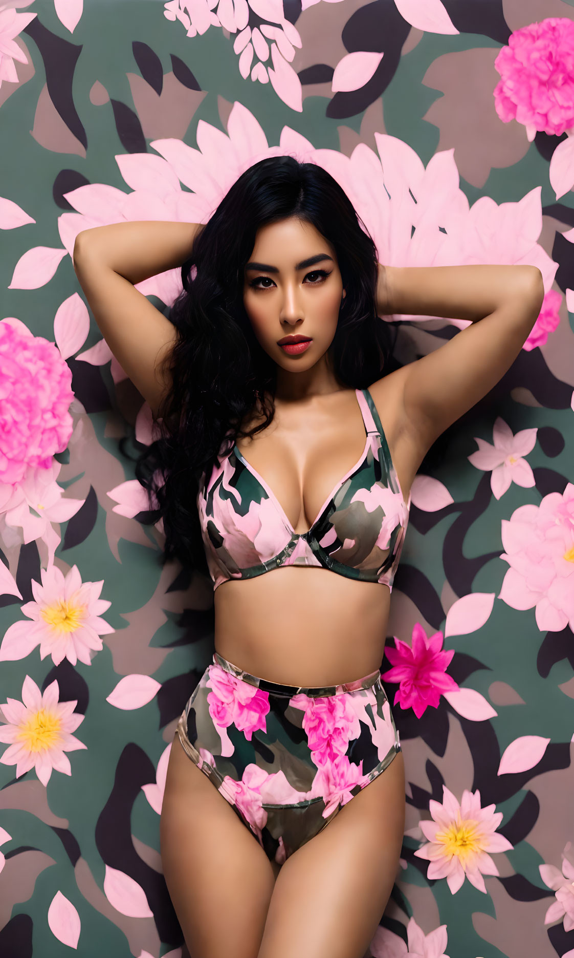 Woman in Camo Lingerie Poses with Pink Flowers