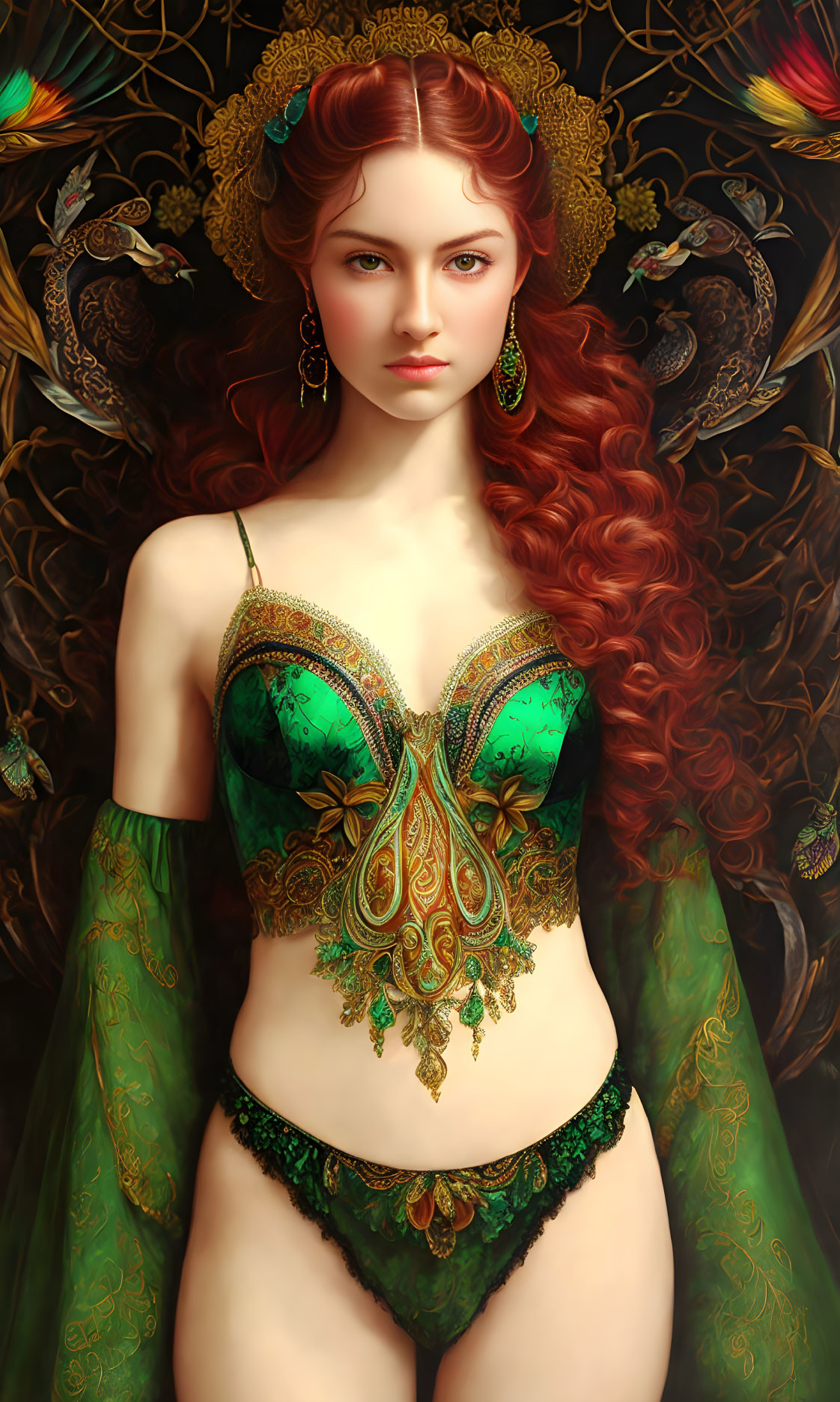 Digital Art: Woman with Red Hair in Green and Gold Attire with Peacock Feather Backdrop