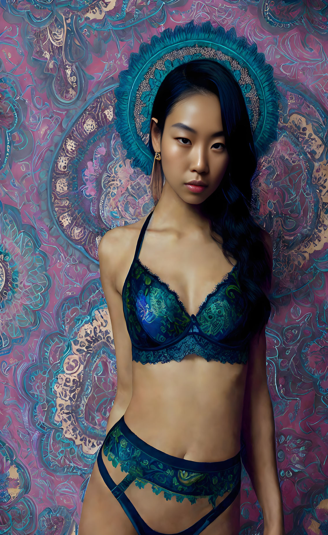 Woman in Teal Lace Lingerie Poses with Ornate Paisley Backdrop