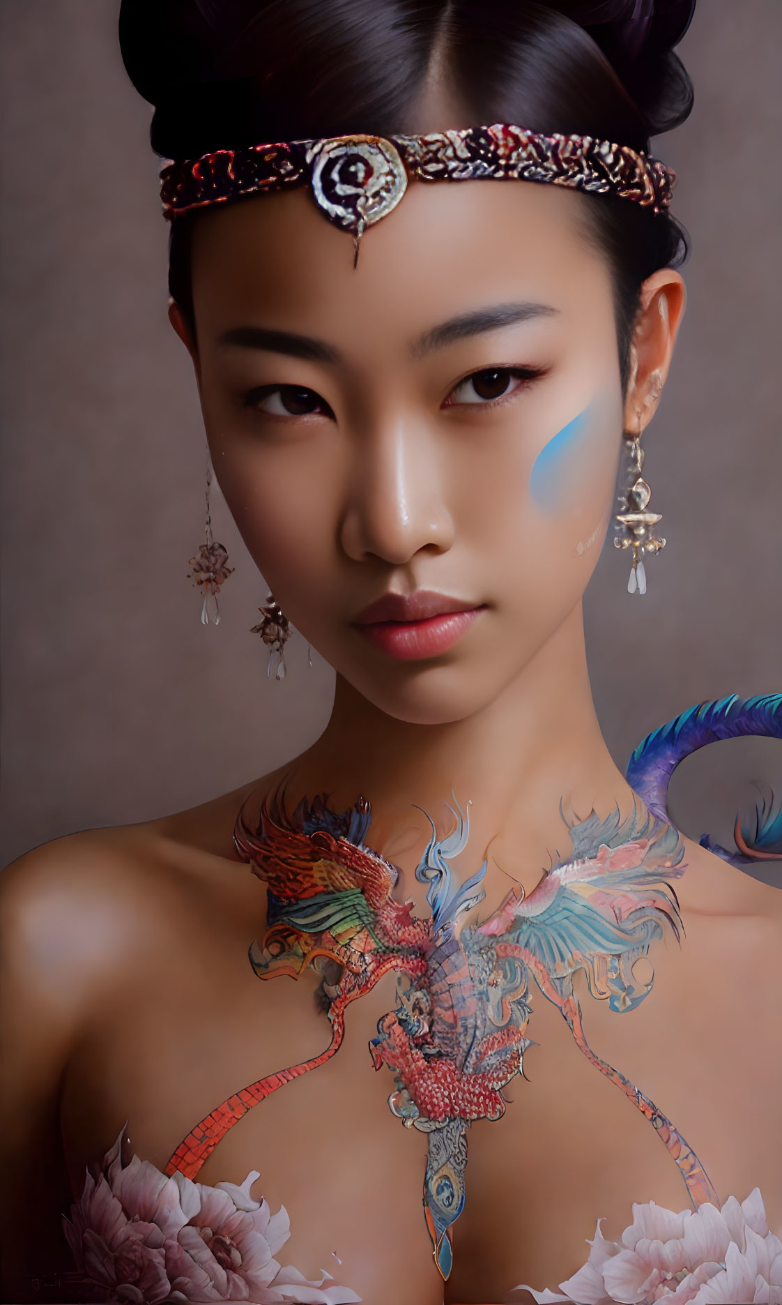 Woman adorned with ornate headband and vibrant dragon body art.