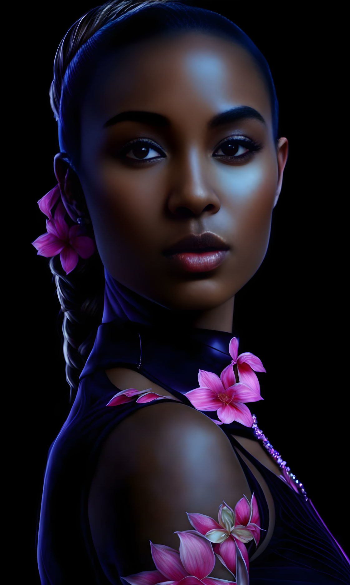 Braided hair woman with pink flowers in black outfit