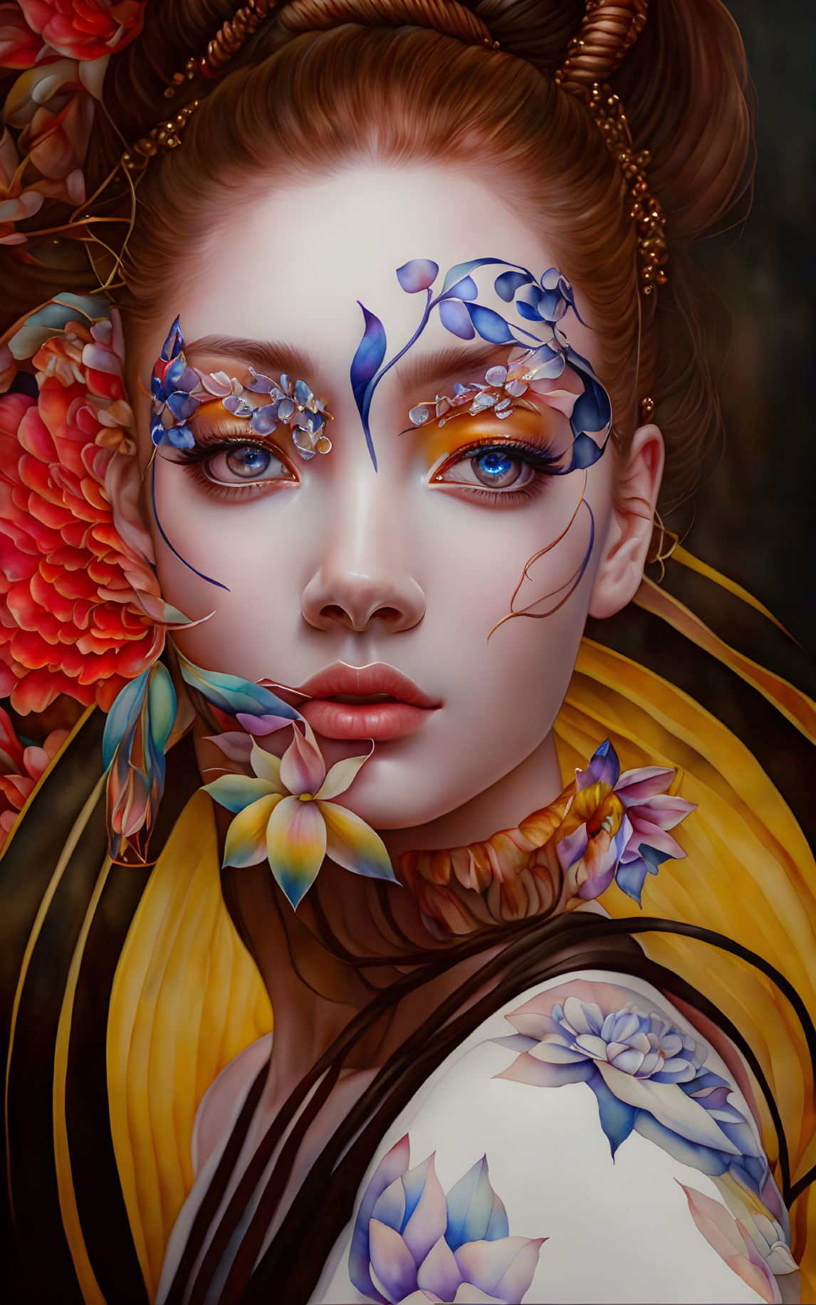 Digital artwork featuring woman with floral face paint and halo.