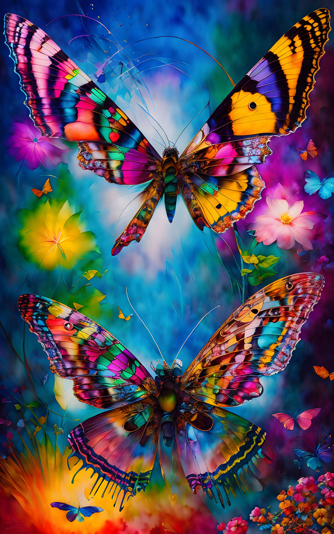 Colorful digital artwork: Two butterflies with intricate wings on floral background