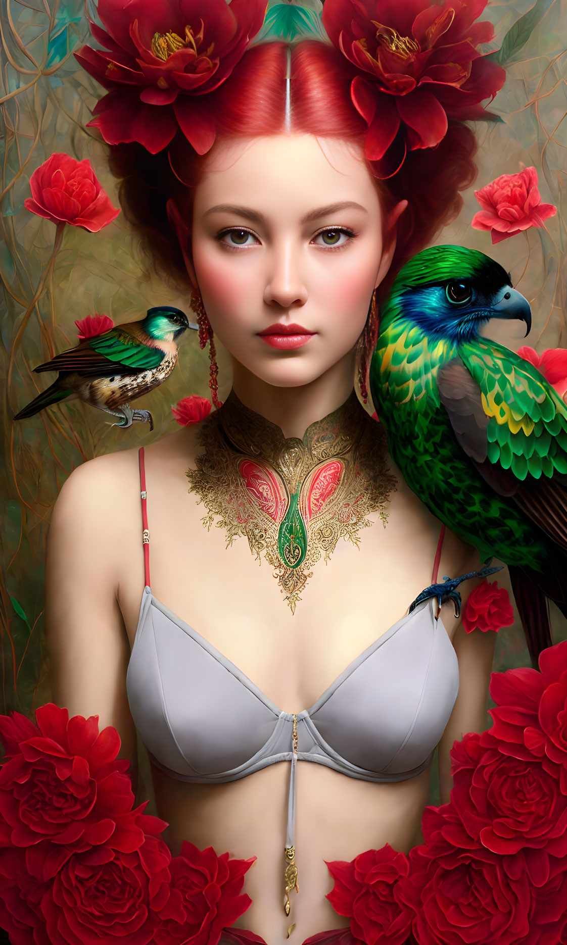 Red-haired woman with floral hair adornments, bird, roses, jewelry, and neck tattoo.