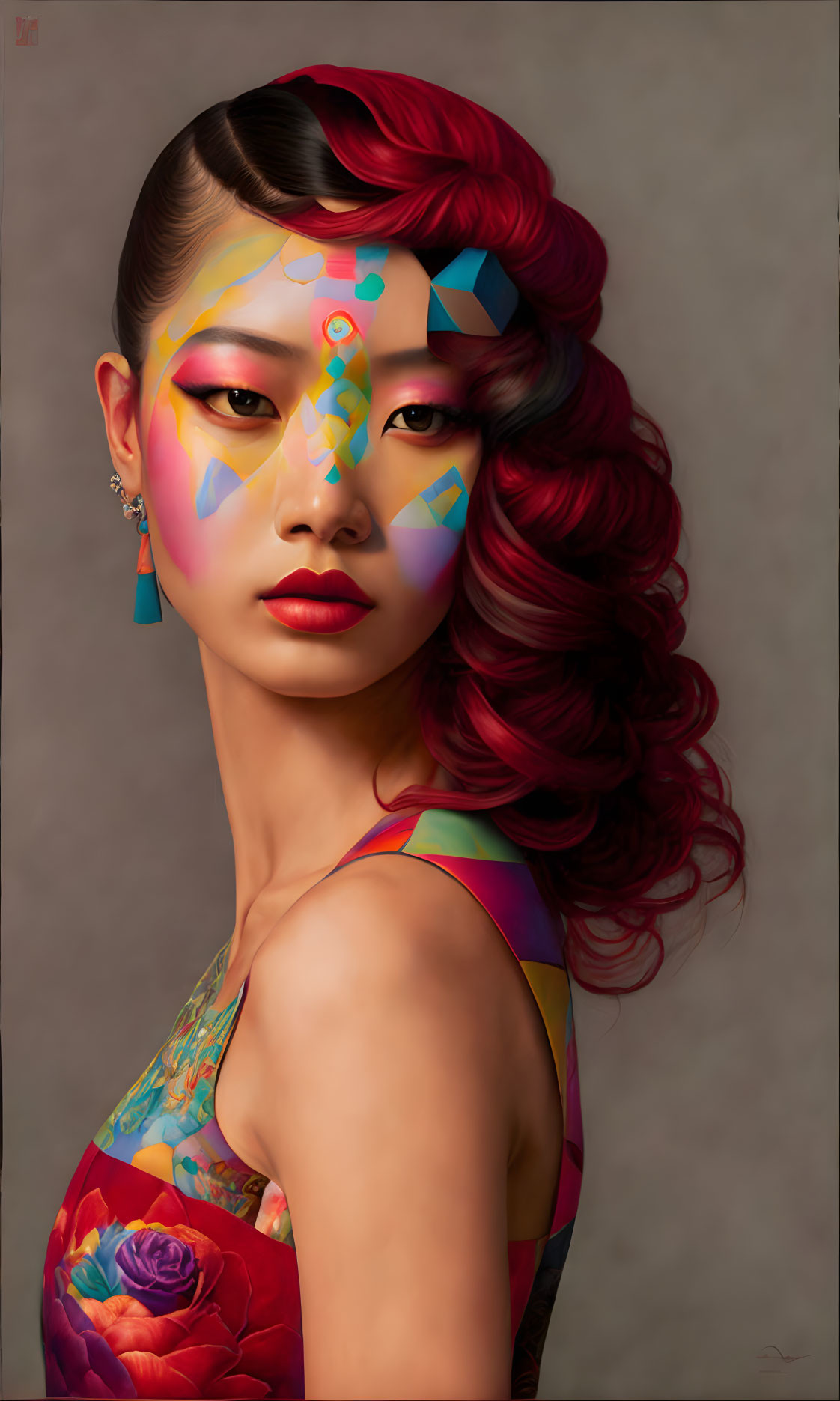 Colorful Makeup Woman with Red Wavy Hair and Floral Attire