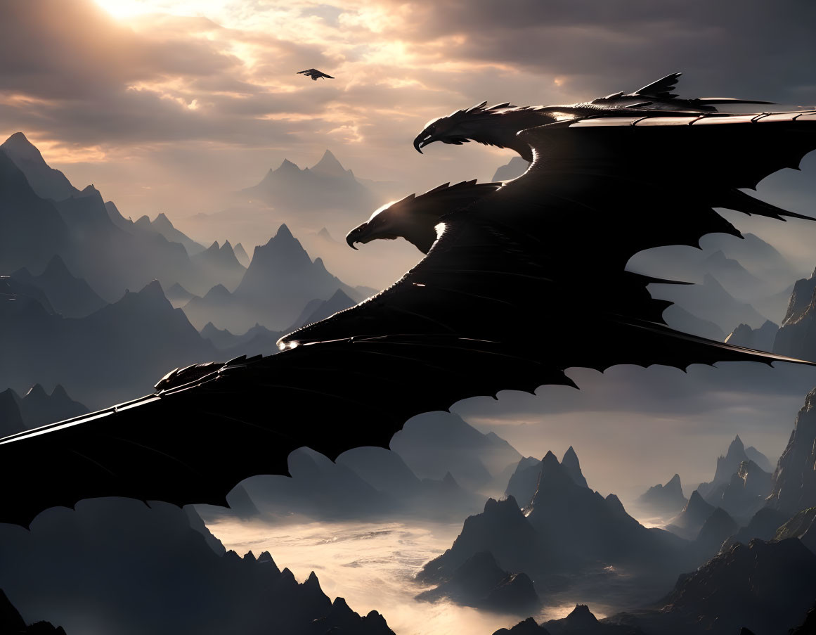 Fantasy landscape featuring dragons, mountains, and cloudy sky