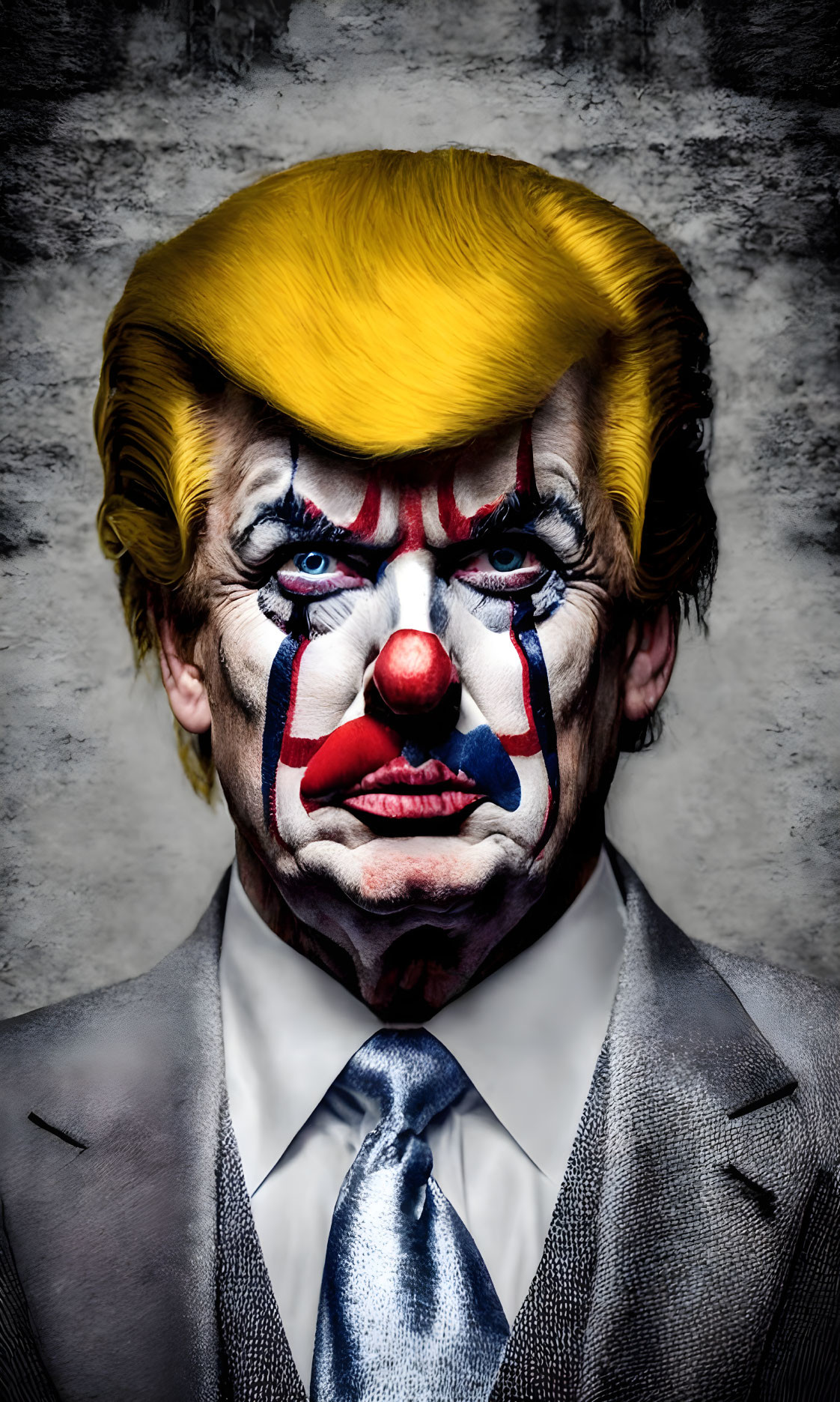 Clown makeup with red nose and blue star, yellow wig, suit, and tie on grey background