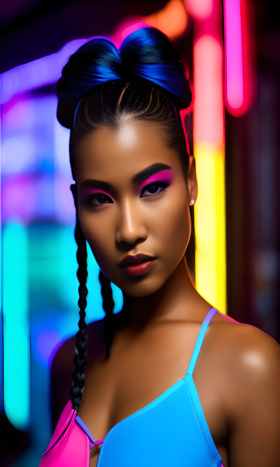 Woman with Blue Bow and Makeup in Front of Neon Lights