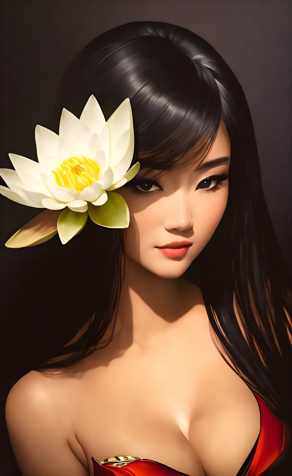 Dark-haired woman with lotus flower in elegant illustration