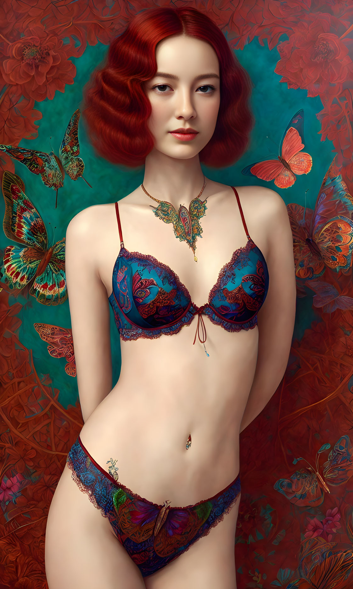 Red-haired woman in blue lingerie surrounded by lush floral designs and butterflies