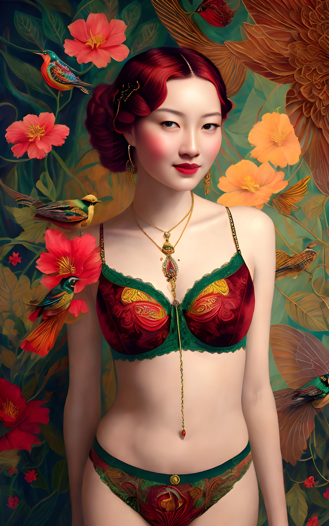 Vibrant digital illustration of woman with red lipstick, traditional hairstyle, surrounded by flowers and birds in